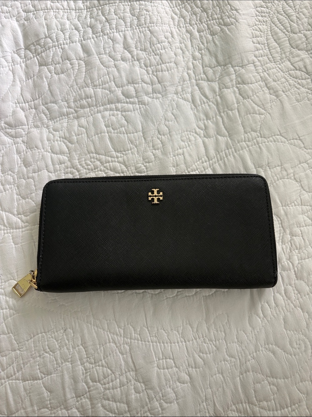 Tory Burch Black Zip-Around Wallet with Gold Logo